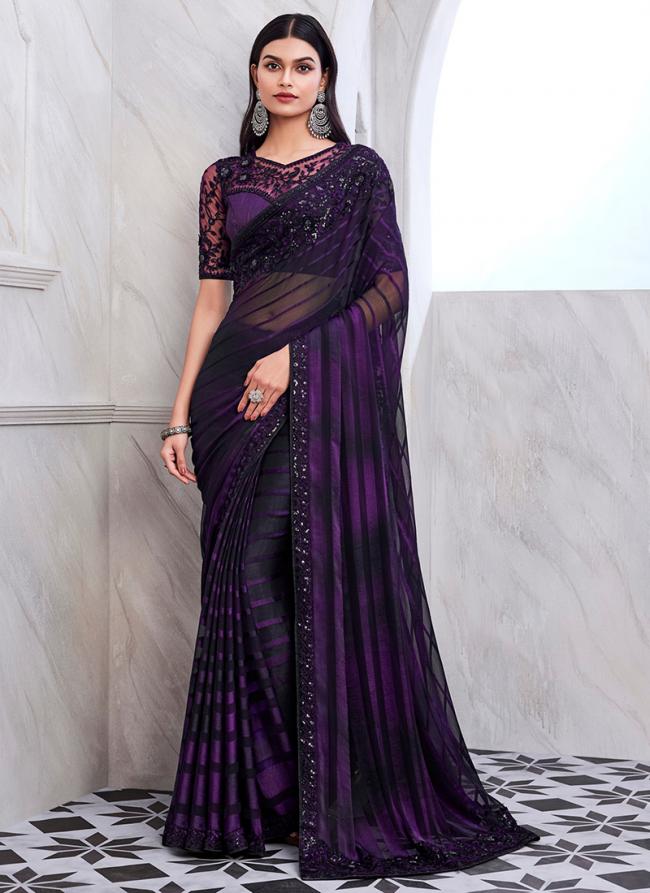 Silk Purple Party Wear Embroidery Work Saree